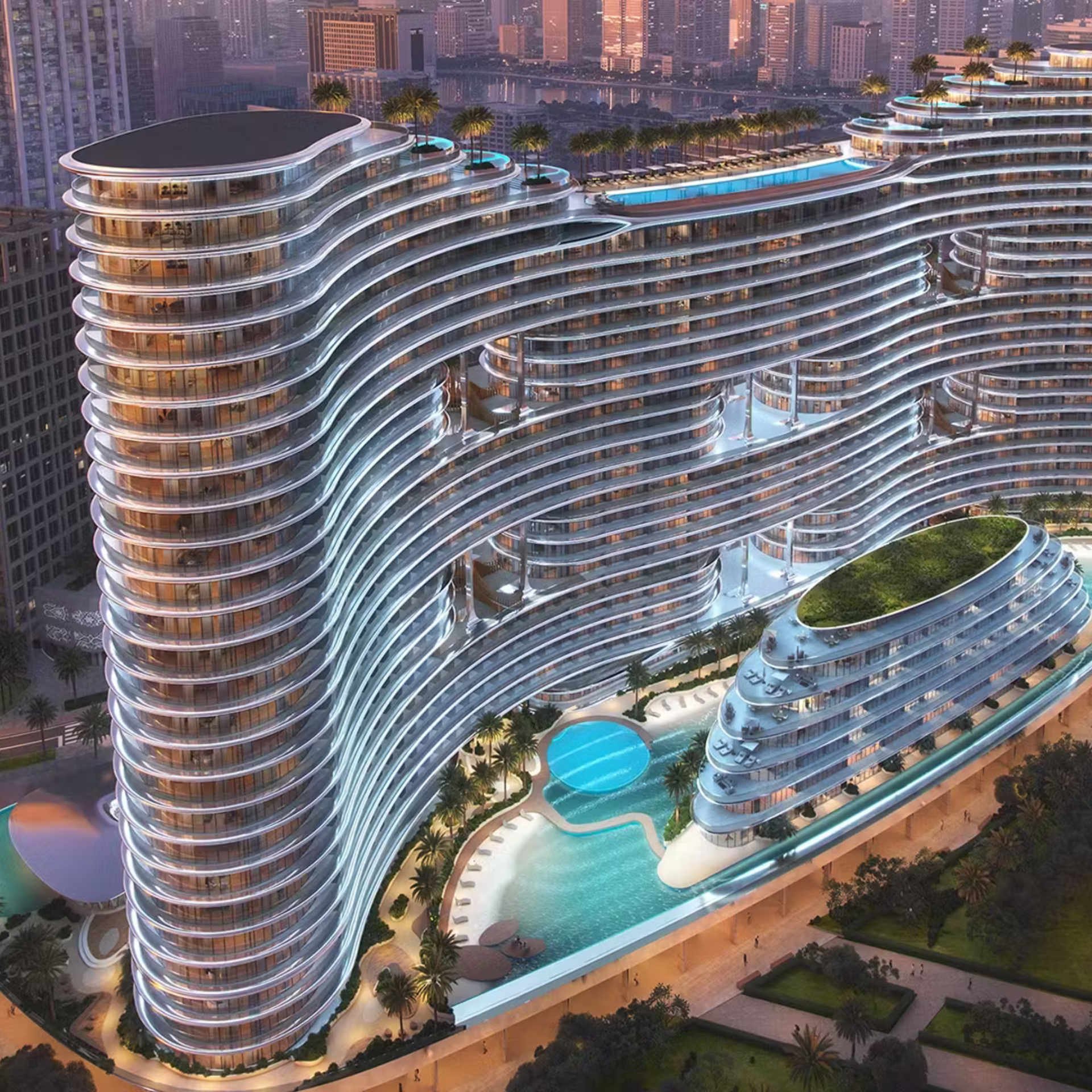 A stunning render of Binghatti Aquarise by Binghatti Properties, capturing its landmark location in the heart of Business Bay Dubai