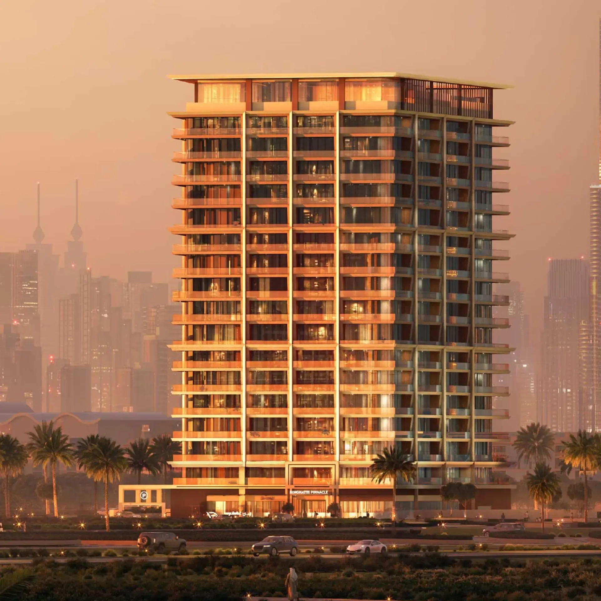 Exterior view of Binghatti Pinnacle, a modern residential tower in Al Jaddaf, Dubai