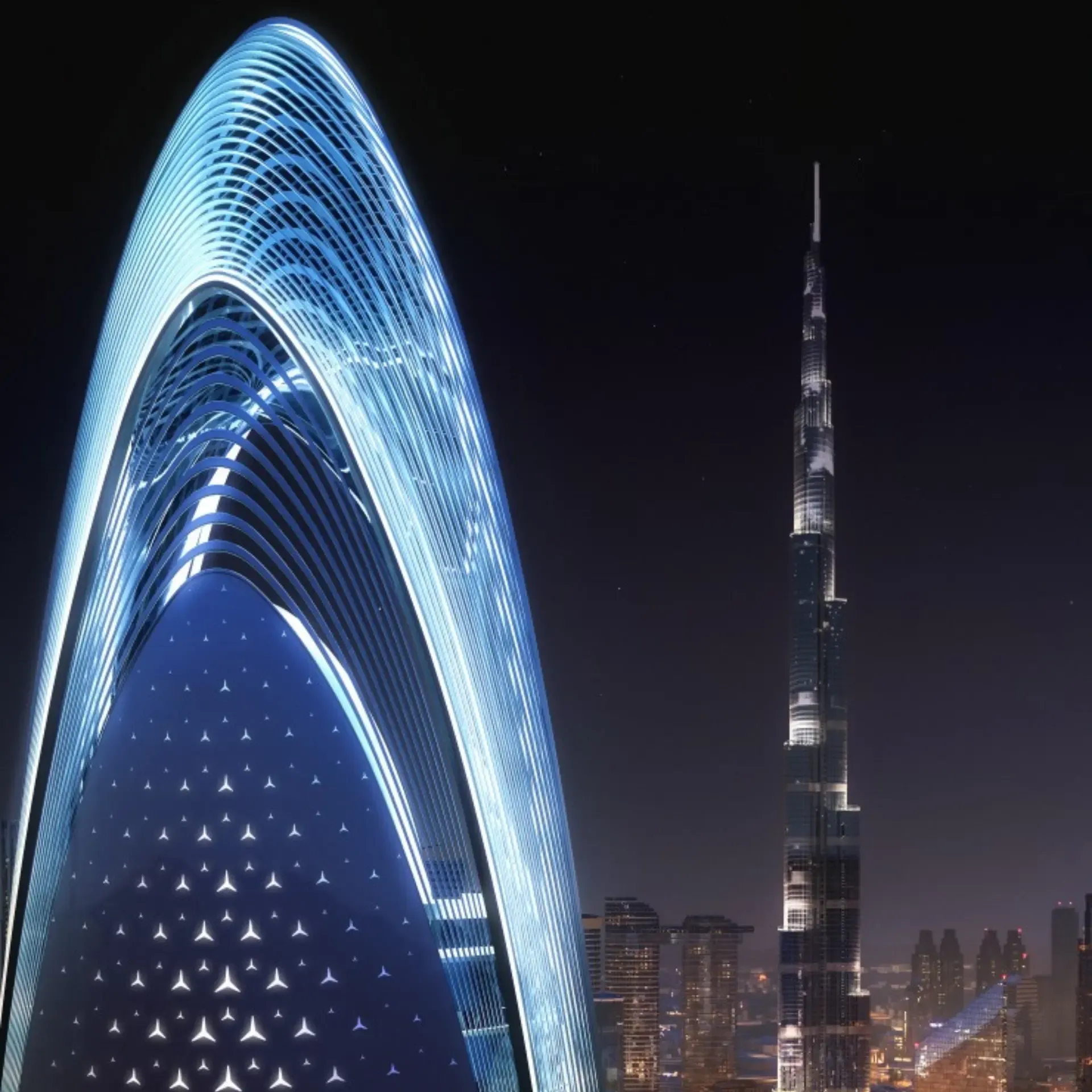 Mercedes-Benz Places by Binghatti rises as an iconic branded residential tower in Downtown Dubai, inspired by Mercedes-Benz’s “Sensual Purity” design philosophy. Standing 341 metres tall with panoramic Burj Khalifa views.