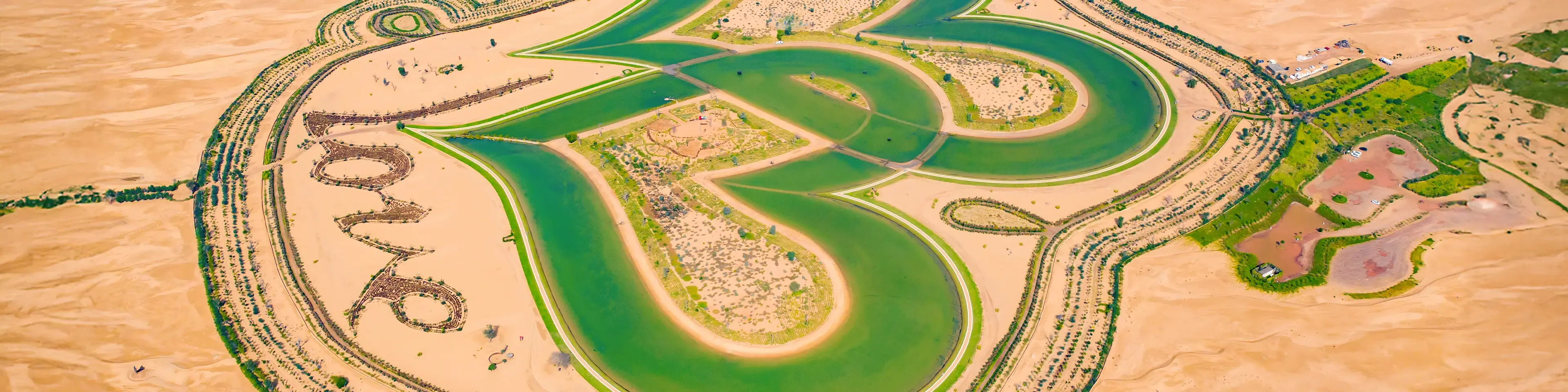 An aerial view of the heart-shaped Love Lake in Dubai