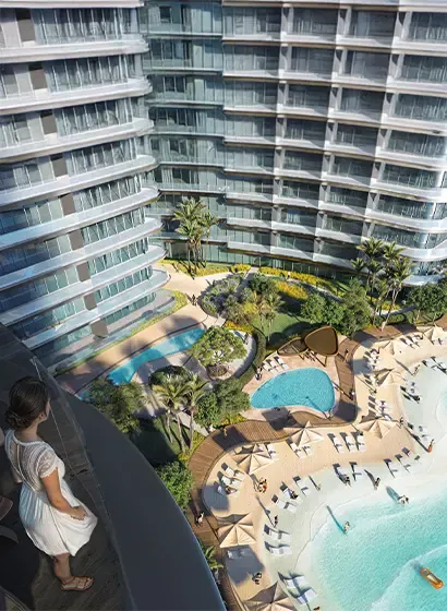 Infinity pool deck at Binghatti Hills overlooking the community
