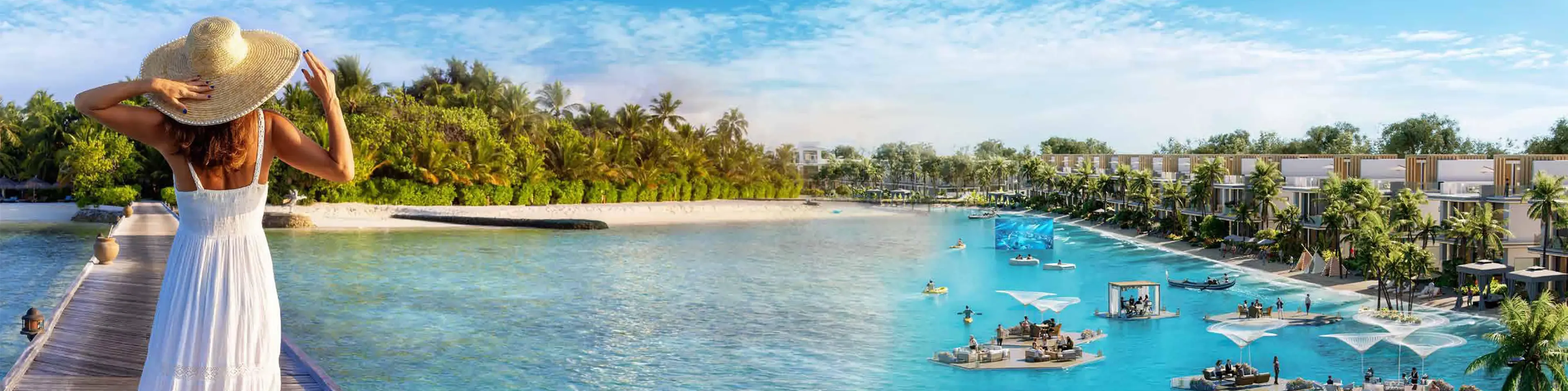 Crystal clear lagoon and private beach area in DAMAC Islands, Dubailand, resort lifestyle.