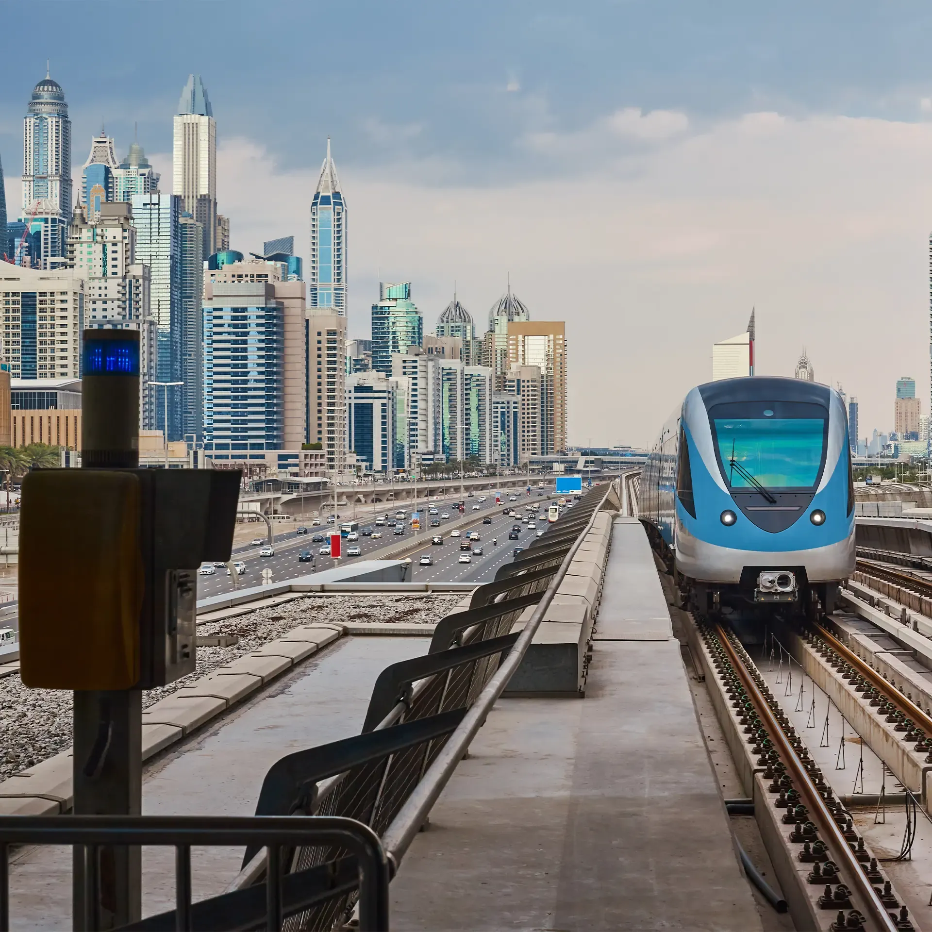 Official RTA map of the Dubai Metro Blue Line showing the 14 stations connecting Mirdif, Silicon Oasis, and Creek Harbour