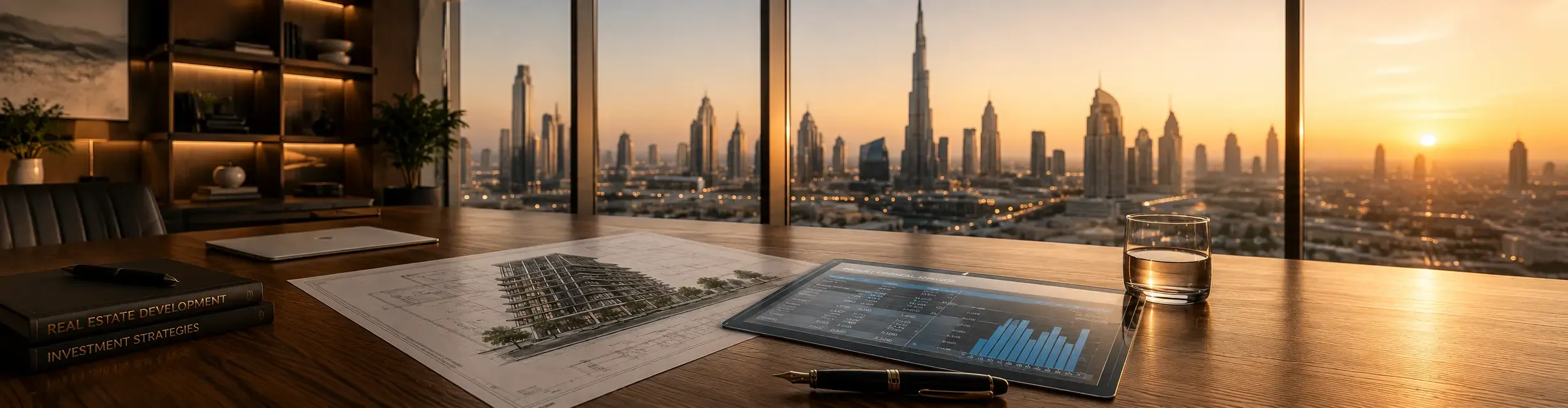 A professional top-down view of a Dubai development plot feasibility spreadsheet, highlighting GFA and FAR calculations with the Dubai skyline in the background.