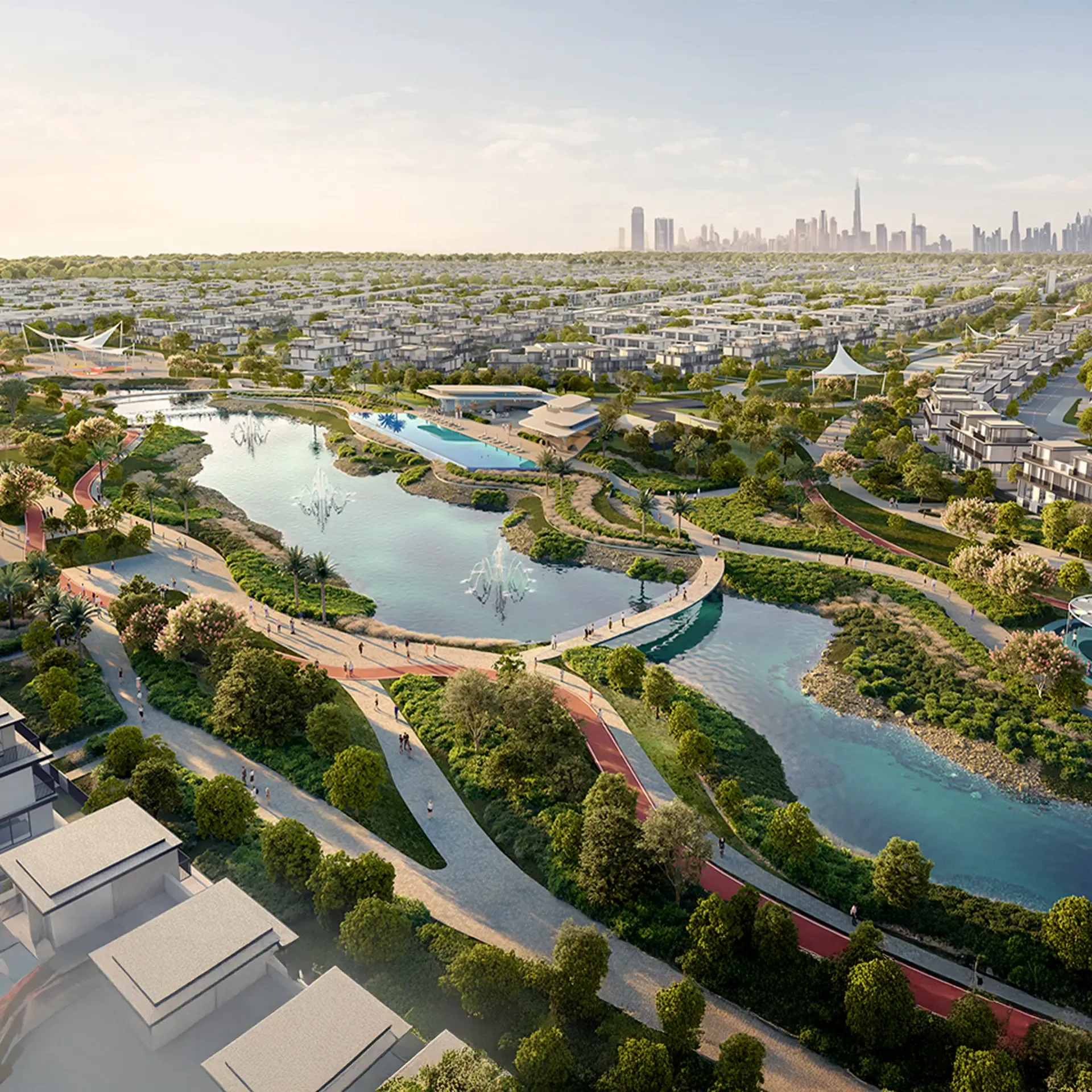 A serene, lush green park within a master-planned community, showcasing the appeal of wellness real estate in Dubai