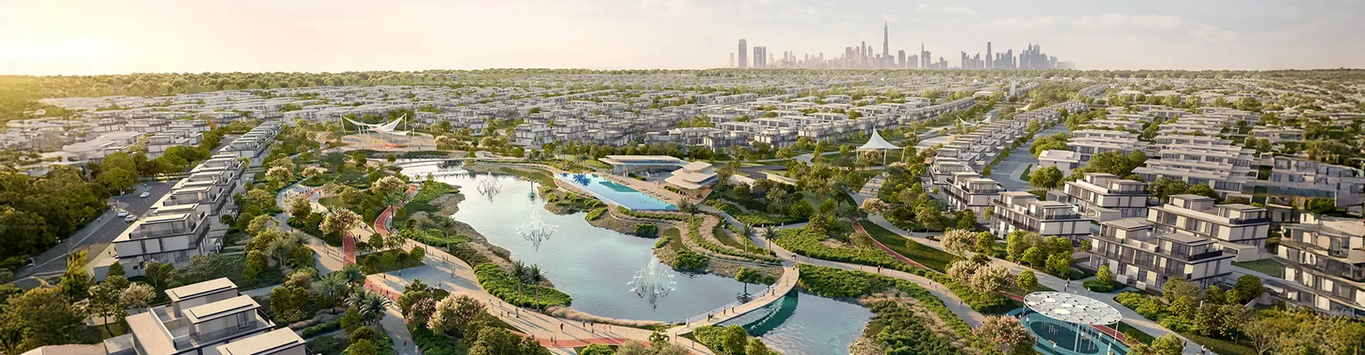 A serene, lush green park within a master-planned community, showcasing the appeal of wellness real estate in Dubai