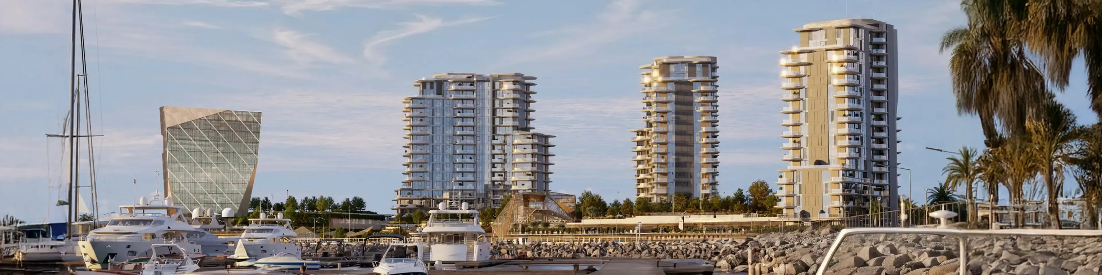A stunning render of Portside Square by Ellington, showcasing its waterfront architecture at Mina Rashid