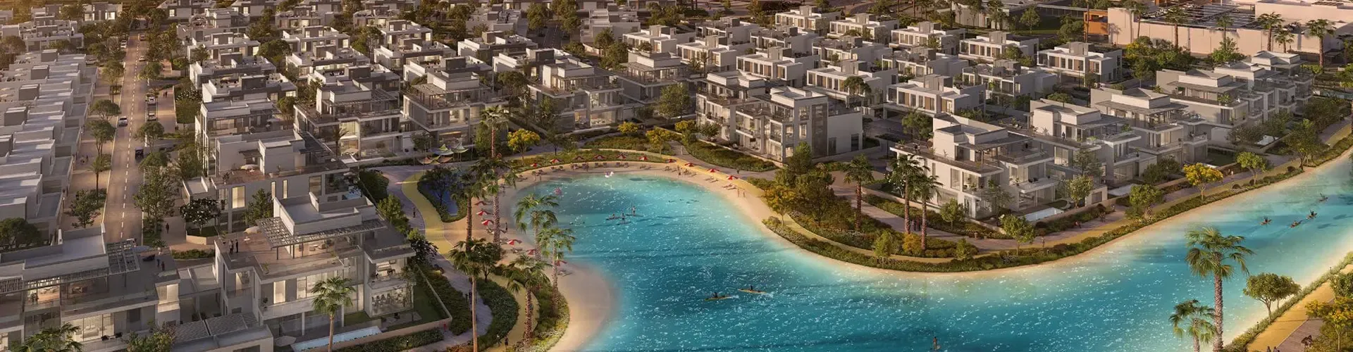 Exterior view of South Bay Mall by Dubai South Properties overlooking the crystal lagoon
