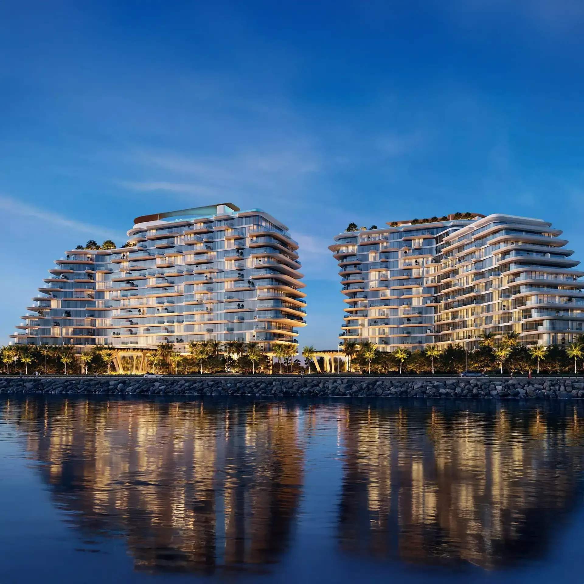 Passo by Beyond Dubai twin towers on Palm Jumeirah waterfront with Arabian Gulf views
