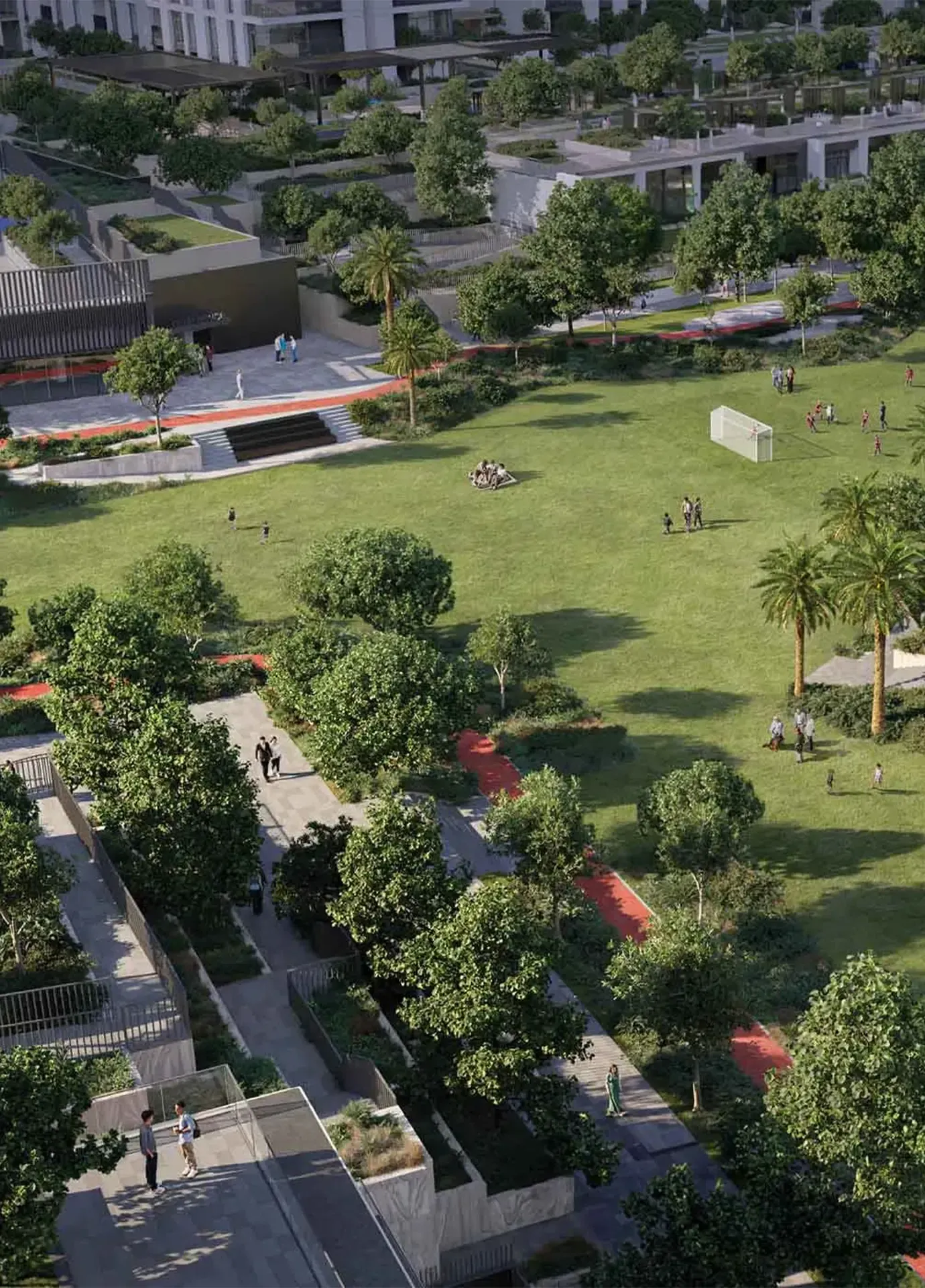 Exterior render of Terra Gardens by Emaar in Expo Living featuring lush podiums.