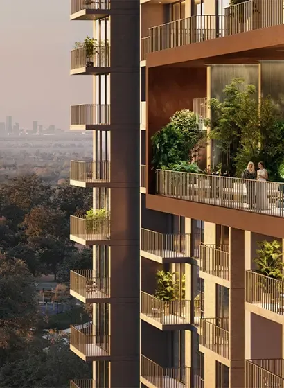 The exterior of a modern apartment building in Tilal Al Ghaf, Dubai