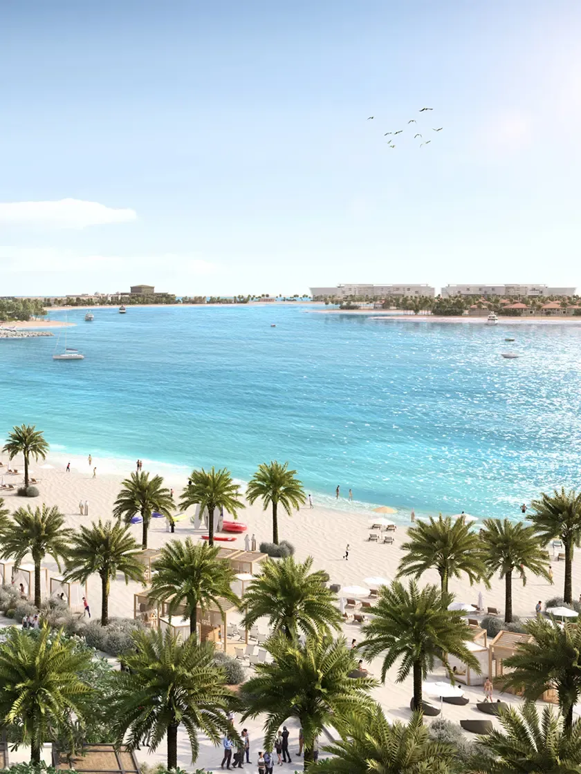 White sand beach and crystal blue waters at exclusive Emaar Beachfront Dubai
